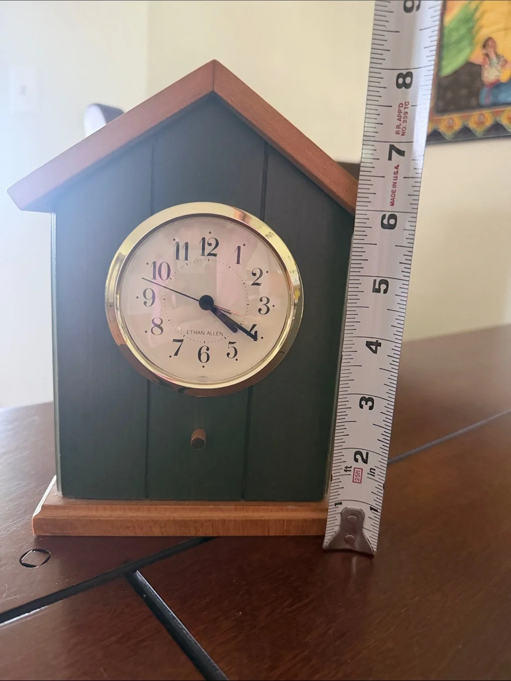 Vintage Ethan Allen Green and Brown Cottage-Style Mantel Clock with Gold Bezel